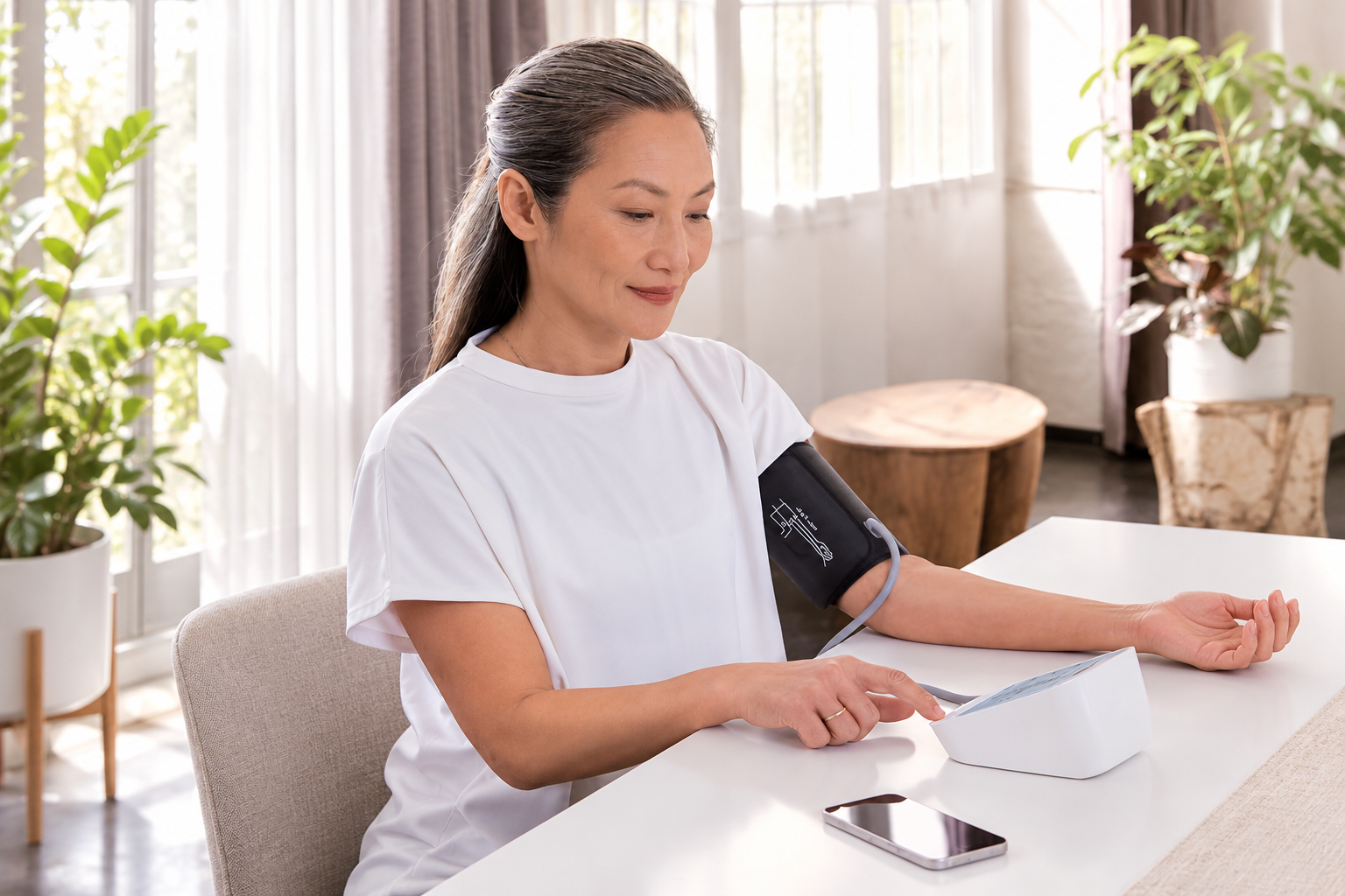 A woman monitoring blood pressure at home